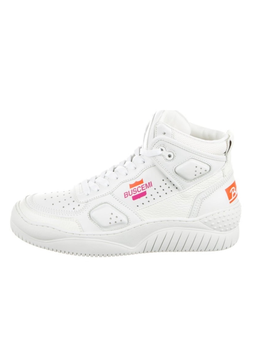 Buscemi White Leather High-Top Sneaker with Pink and Orange Logo Accents